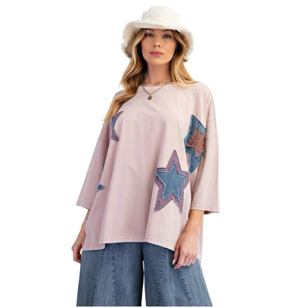Easel Pink Star Embellished Long Sleeve Top